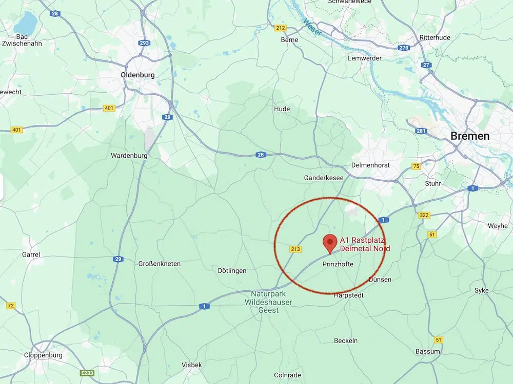 Karte mit Markierung vom Rastplatz Delmetal Nord an der A1 Karte Rastplatz Delmetal Nord